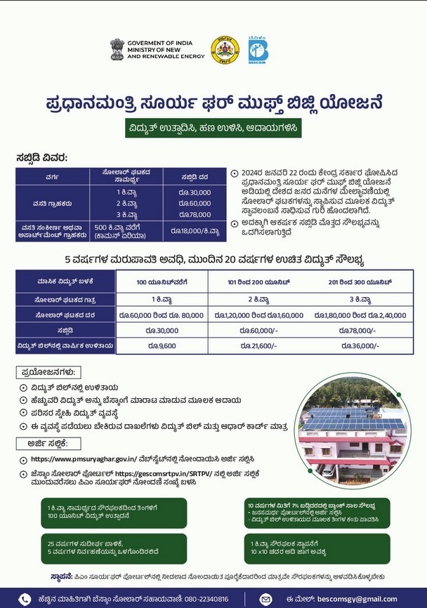 NammaBESCOM's tweet image. ಸೂರ್ಯಘರ್ ಯೋಜನೆಯ ಮೂಲಕ ನಿಮ್ಮ ಮನೆ ಮೇಲ್ಛಾವಣಿಯಲ್ಲಿ ಸೌರವಿದ್ಯುತ್ ಘಟಕ ಸ್ಥಾಪಿಸಿ ಆಕರ್ಷಕ ಸಬ್ಸಿಡಿ ಪಡೆಯಿರಿ. ಹೆಚ್ಚಿನ ಮಾಹಿತಿಗಾಗಿ ಸೂರ್ಯಘರ್ ಯೋಜನೆಗೆ ಈ ಲಿಂಕ್ ಮೂಲಕ pmsuryaghar.gov.in ನೋಂದಾಯಿಸಿಕೊಳ್ಳಿ ಹಾಗೂ ಬೆಸ್ಕಾಂನ ಸೋಲಾರ್ ಸಹಾಯವಾಣಿ ಸಂಖ್ಯೆ 080-22340816 ಕ್ಕೆ ಕರೆಮಾಡಿ. #Bescom #SuryagharScheme…