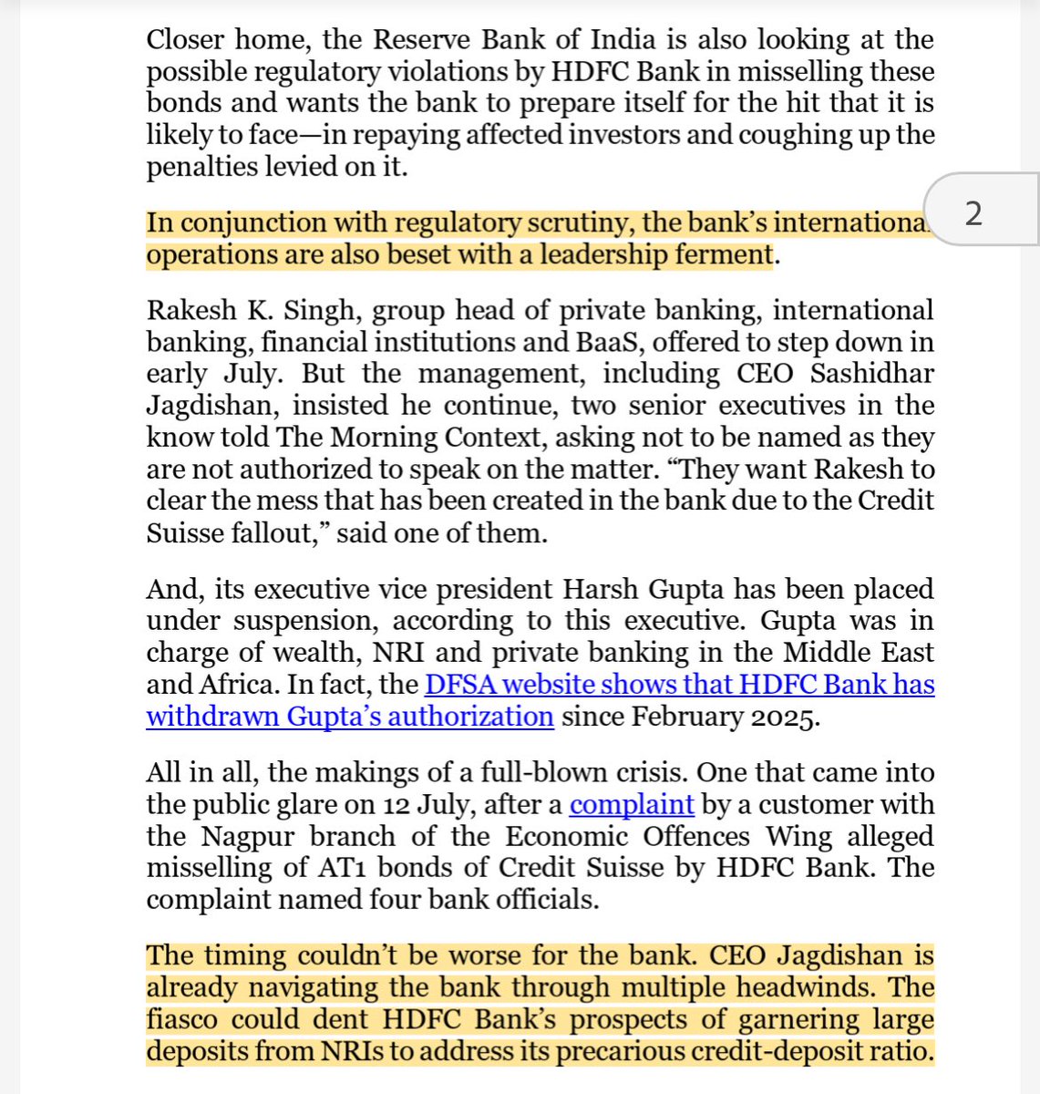 Excerpts frm recent story by <a href="/imFmoharkan/">Furquan Moharkan</a> on <a href="/HDFC_Bank/">HDFC Bank</a> AT-1 bond scam. If Bank management has n iota of self respect n shame they should make good the loss to NRI customers. Btw how Jimmy Tata ( CCO ) approved Credit Suisse AT-1 bonds as eligible security for lending ? Surprise