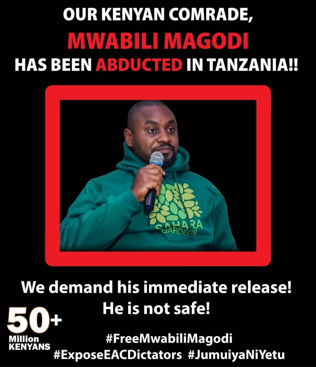 _James041's tweet image. Mwabili Mwagodi is not a criminal.
Criminals are in William Ruto's and Samia Suluhu's governments.
We demand the unconditional release of Comrade Mwabili Mwagodi.
#FreeMwabiliMwagodi #EndAbductionsKe #RutoMustGo