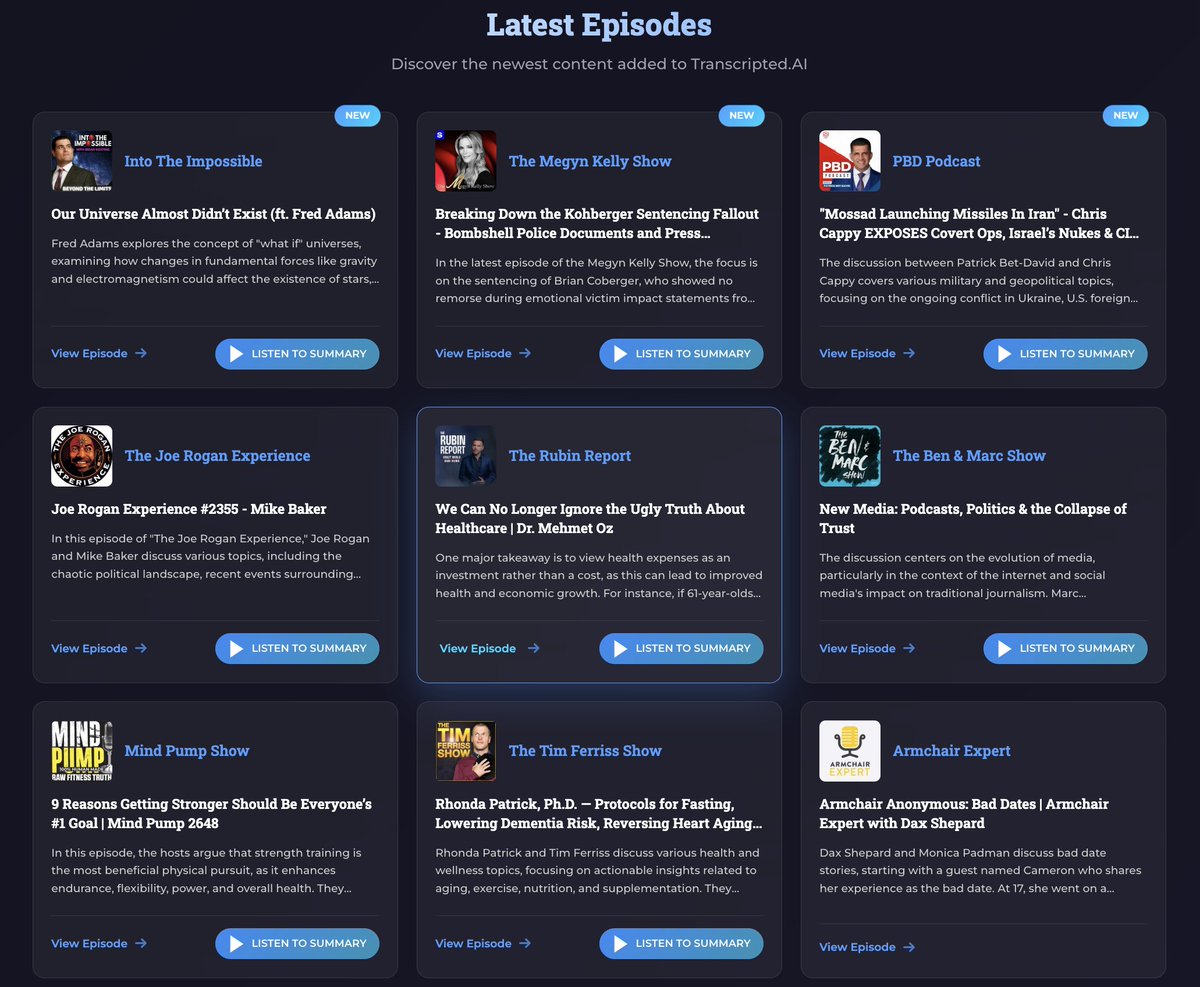 TranscriptedAI's tweet image. It only makes sense to be able to listen to a podcast summary. 

Introducing spoken summaries of the latest podcasts, available on Transcripted.ai.  Spend 1-2 minutes to find out what that multi-hour podcast actually covers.
