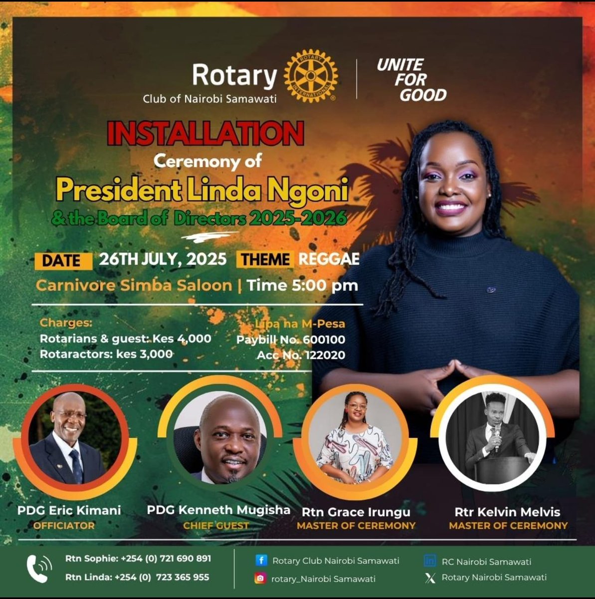 RC Nairobi Samawati (@rcsamawati) on Twitter photo Rotary club of Nairobi Samawati invites you for an evening of music, food, good rotary vibes and most importantly the installation of President Linda Ngoni and her Board
Bless up, Honour, Manners & Respect!
<a href="/Rotary/">Rotary International</a> <a href="/d9212/">d92</a> <a href="/Rotaract_D9212/">Rotaract District 9212</a>
#RCNS@5
#UniteForGood Rotary club of Nairobi Samawati invites you for an evening of music, food, good rotary vibes and most importantly the installation of President Linda Ngoni and her Board
Bless up, Honour, Manners & Respect!
<a href="/Rotary/">Rotary International</a> <a href="/d9212/">d92</a> <a href="/Rotaract_D9212/">Rotaract District 9212</a>
#RCNS@5
#UniteForGood