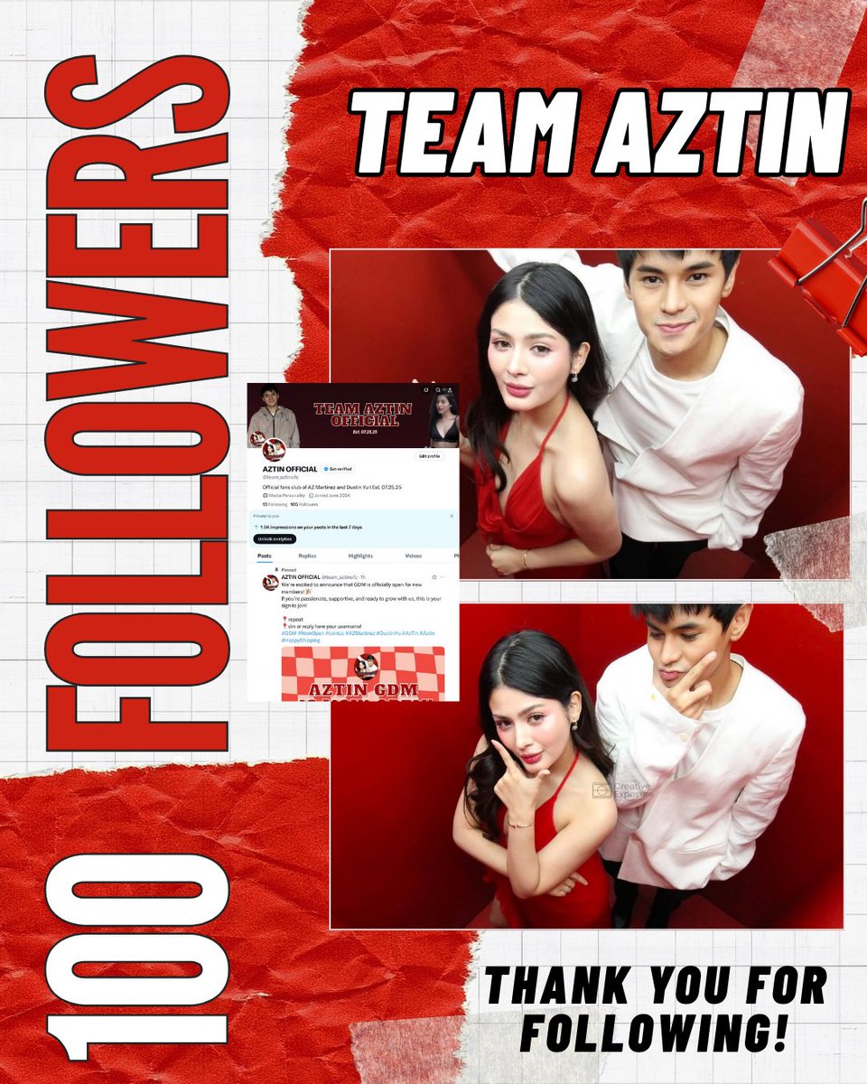 team_aztinofc's tweet image. β¨ 100 Strong β Thank You, AZTIN Fam! β¨
Weβve officially reached our first 100 followers, and we couldnβt be more grateful!
Your love and support for Az Martinez and Dustin Yu mean the world to us.
#AZTIN #Aztin #100Followers #ThankYou #AzMartinez #DustinYu