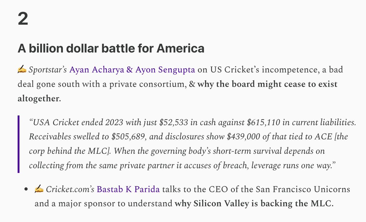 BEST #CRICKET STORIES OF THE WEEK:

Sportstar's Sengupta &amp; <a href="/ayan_acharya13/">Ayan</a> on USA Cricket's finances and future, and Cricket com's <a href="/ParidaBastab/">Bastab K Parida</a> on Silicon Valley's support for the MLC.

All stories at bestofcricket.substack.com/p/roundup-bumr…