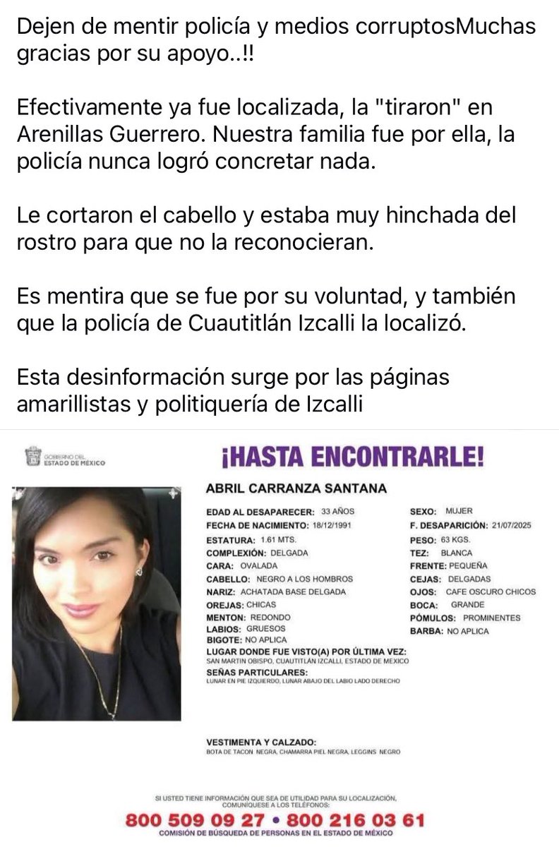mayadriana's tweet photo. @Johanisss @El_Universal_Mx La familia fue quien la localizó y no fue ausencia voluntaria. https://t.co/1tLNHUsIGL