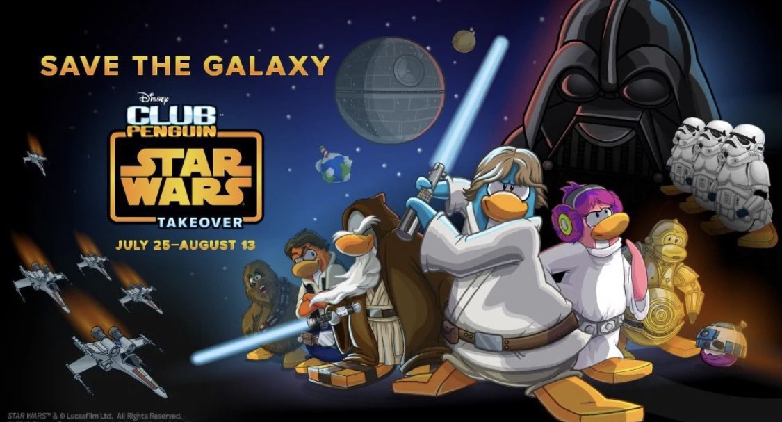 ThatPenguinGame's tweet image. 12 years ago today, the Star Wars Takeover Party started. This was the first Star Wars themed Party on Club Penguin, and the party's storyline was based on the Original Trilogy, mainly "A New Hope".