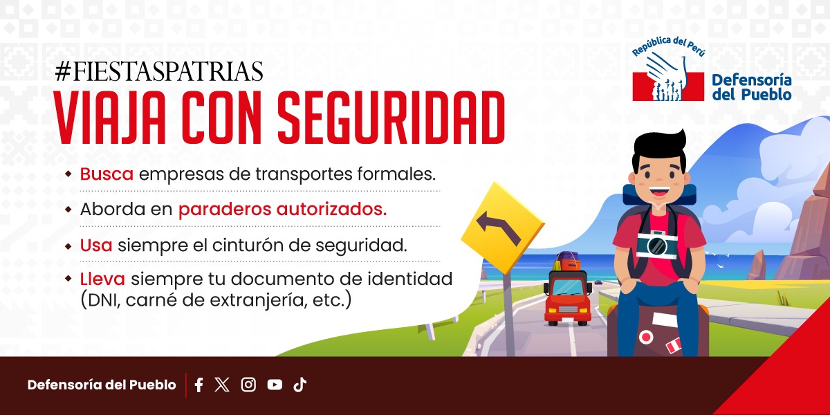 Defensoria_Peru's tweet image. 🇵🇪#FiestasPatrias Tu bienestar es lo más importante. Si viajas, hazlo con responsabilidad:
✔️ Usa transporte formal
✔️ Paraderos autorizados
✔️ Cinturón siempre
✔️ DNI contigo
🙌Cuida tu seguridad. Disfruta sin poner en riesgo tu vida.
#DefensoríaDelPueblo
#ContigoEnTodoMomento