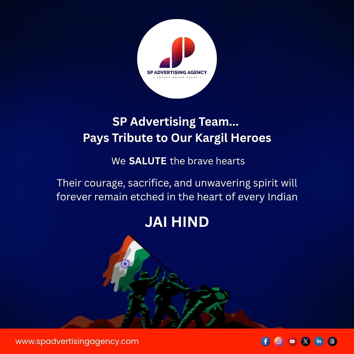 SPAdvertising14's tweet photo. #SPAdvertisingAgency proudly salutes our real heroes.

Today, we honor the unmatched courage and sacrifice of our Indian soldiers.

Kargil Vijay Diwas is not just a date—it’s a reminder of the bravery, pride  of our nation.

Let us never forget the heroes.
Jai Hind! 🙏 https://t.co/tcYrS4PZTd