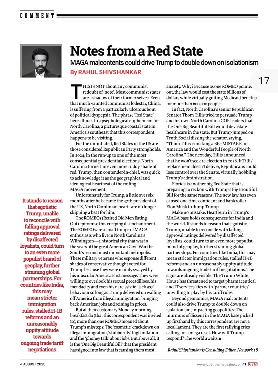 Rahul Shivshankar (@rshivshankar) on Twitter photo WHY'S TRUMP DOUBLING DOWN ON POLICIES THAT ARE UPSETTING U.S. ALLIES?
Because there's trouble in Trump's "ever-land" and he's responding to his base.
Here's my first hand on ground assessment for <a href="/open/">Paul Bonsall</a> from the U.S. where i was visiting till recently. WHY'S TRUMP DOUBLING DOWN ON POLICIES THAT ARE UPSETTING U.S. ALLIES?
Because there's trouble in Trump's "ever-land" and he's responding to his base.
Here's my first hand on ground assessment for <a href="/open/">Paul Bonsall</a> from the U.S. where i was visiting till recently.