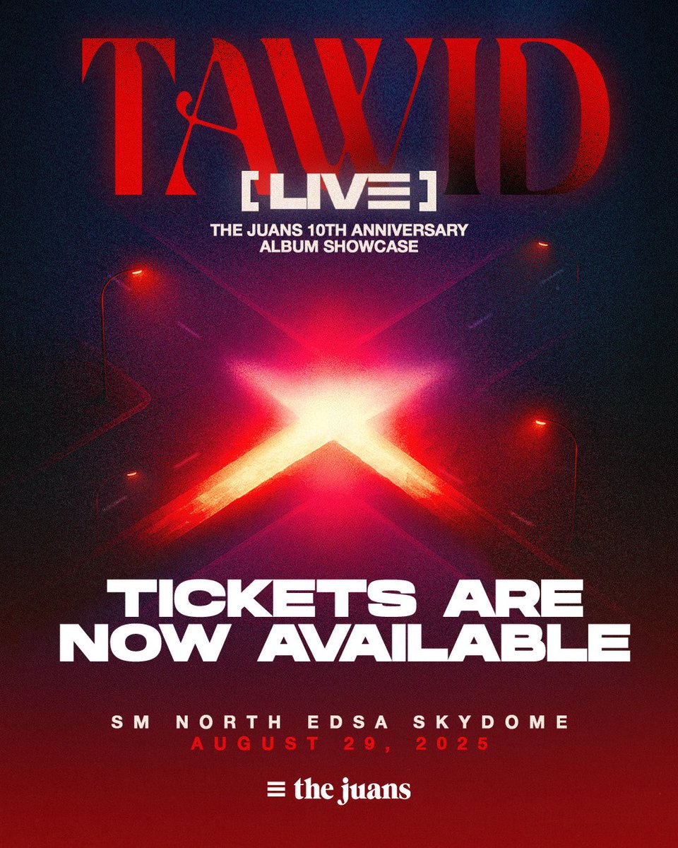🚧 TICKETS ARE NOW AVAILABLE!

Ihanda na ang mga puso dahil paTAWID na tayo sa exciting part ng 𝗧𝗔𝗪𝗜𝗗 𝗟𝗜𝗩𝗘: 𝗧𝗵𝗲 𝗝𝘂𝗮𝗻𝘀 10𝘁𝗵 𝗔𝗻𝗻𝗶𝘃𝗲𝗿𝘀𝗮𝗿𝘆 𝗔𝗹𝗯𝘂𝗺 𝗦𝗵𝗼𝘄𝗰𝗮𝘀𝗲! [August 29, 2025—7PM | SM North EDSA Skydome]

🎟 GENERAL TICKET SALE is now OPEN!
Get