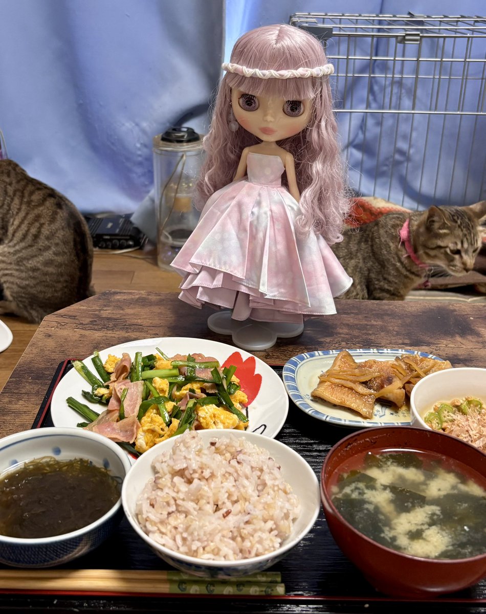 scc666jp's tweet image. ランチは、赤魚の煮物。ニラ玉ベーコンのオイスターソース炒め。オクラ納豆。もずく酢でーす。