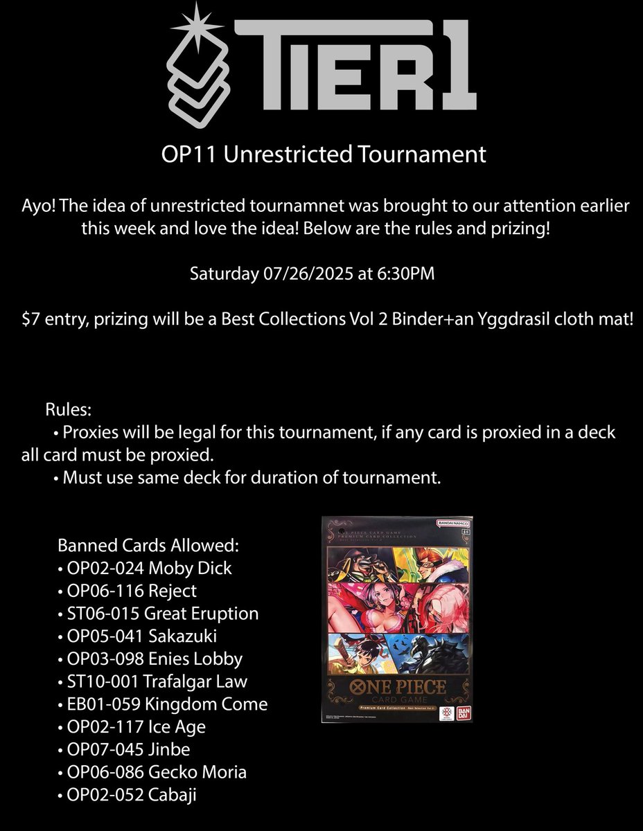 .<a href="/Tier1LV/">Tier 1 LV</a> will be hosting an unrestricted tournament tomorrow! .<a href="/AtrociousJake/">Atrocious (凶悪)</a> will be casting on his channel for this so if you’ve ever wondered if Saka could beat UP Luffy tune in! 

I’m deciding on either playing Saka, Moby Dick WB or good ole Gecko Moria 😩😩😩 I’ll make up
