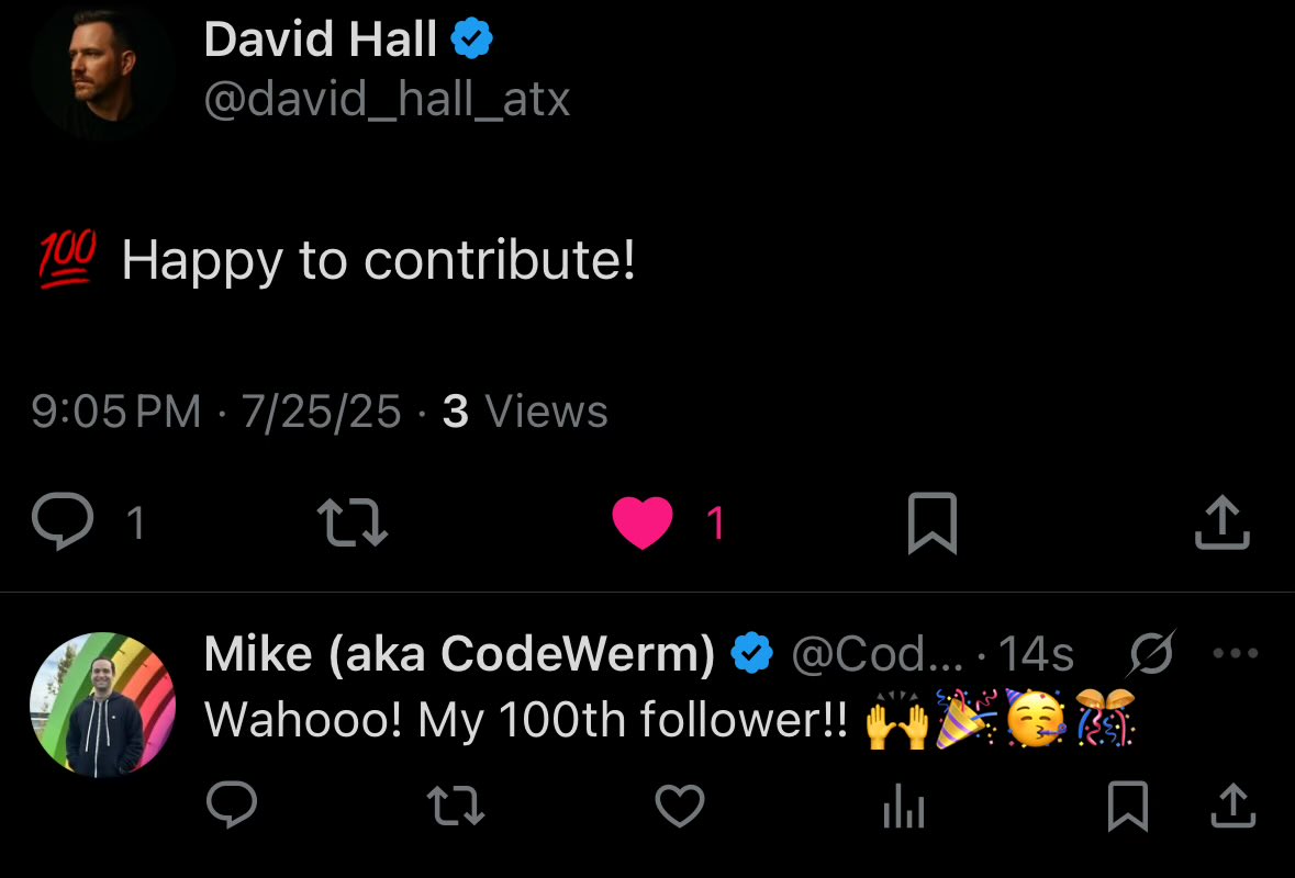 Mike (aka CodeWerm) (@codewerm) on Twitter photo Ding ding ding 100 followers! Thank you <a href="/david_hall_atx/">David Hall</a> and everyone else that follows me or interacts with me on here โค๏ธ Ding ding ding 100 followers! Thank you <a href="/david_hall_atx/">David Hall</a> and everyone else that follows me or interacts with me on here โค๏ธ