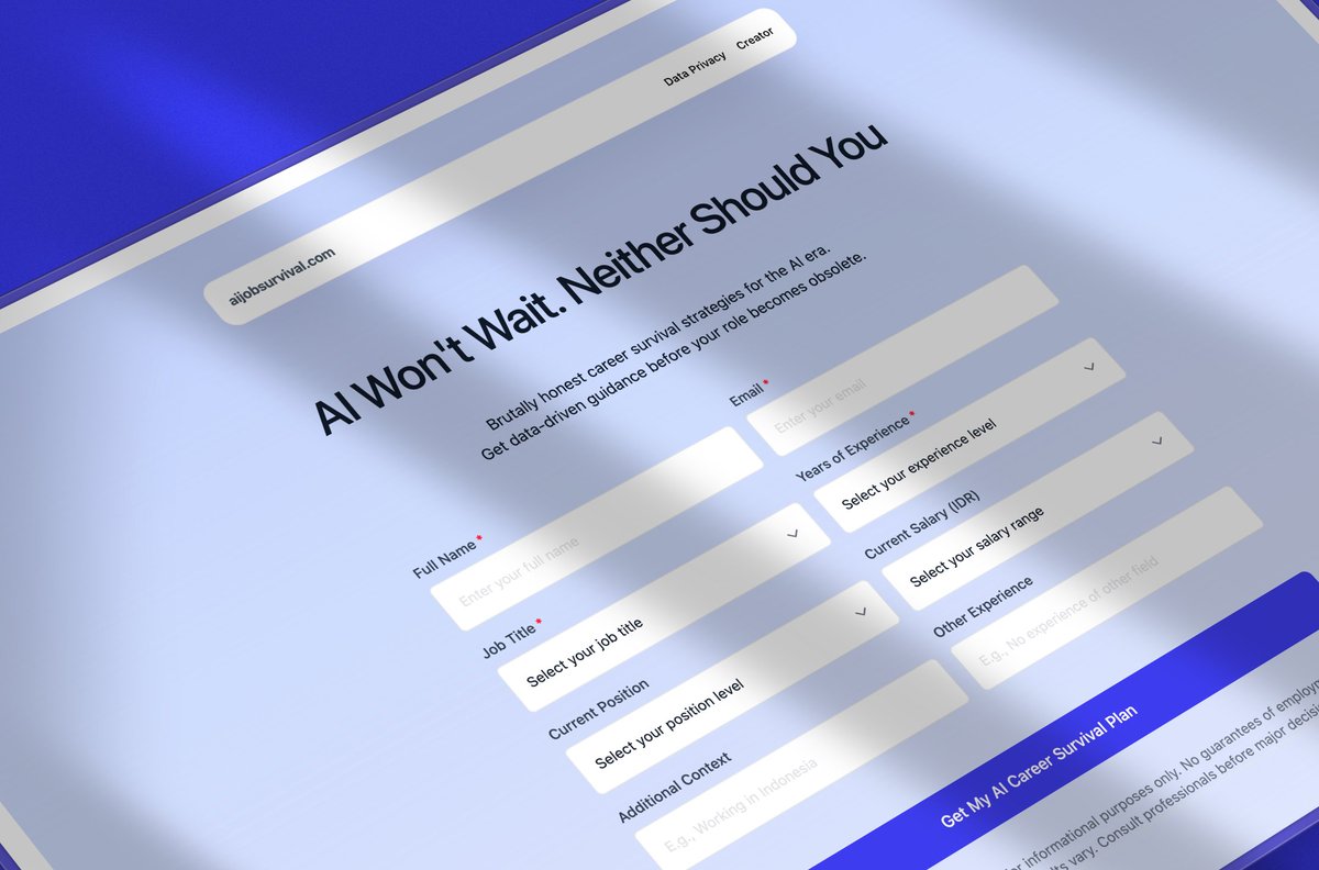 Hello, 
Aku baru release aijobsurvival.com

Ini platform sederhana yang bisa ngebantu kamu untuk dapetin report berdasarkan Data kamu, Apakah pekerjaanmu akan ke-disrupt oleh AI atau egak.

Platform ini akan ngegenerate report untuk kamu, dan strategy untuk survivenya.