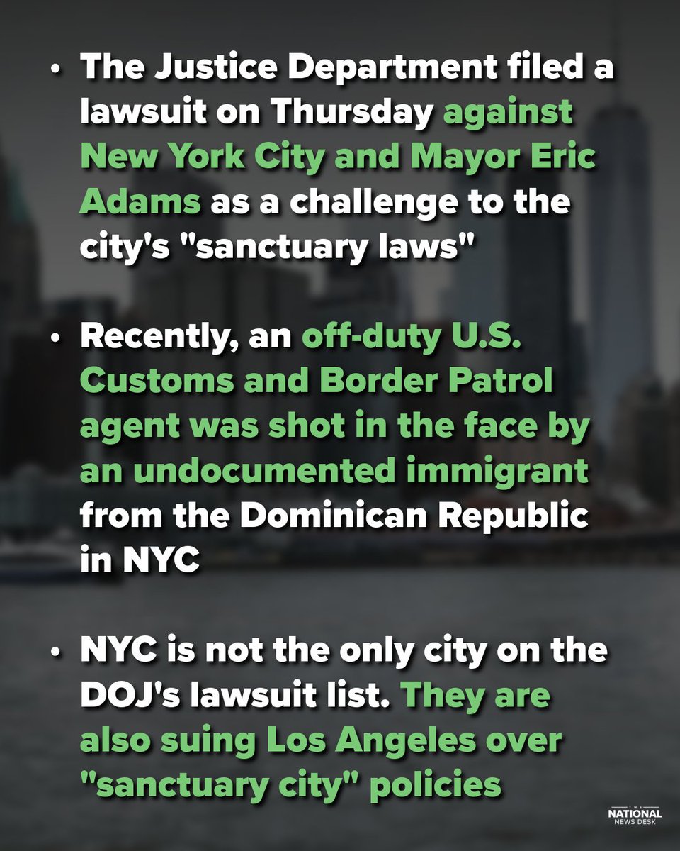TND's tweet image. The Justice Department filed a lawsuit on Thursday against New York City and Mayor Eric Adams as a challenge to the city's "sanctuary laws."
Recently, an off-duty U.S. Customs and Border Patrol agent was shot in the face by an undocumented immigrant from the Dominican Republic…