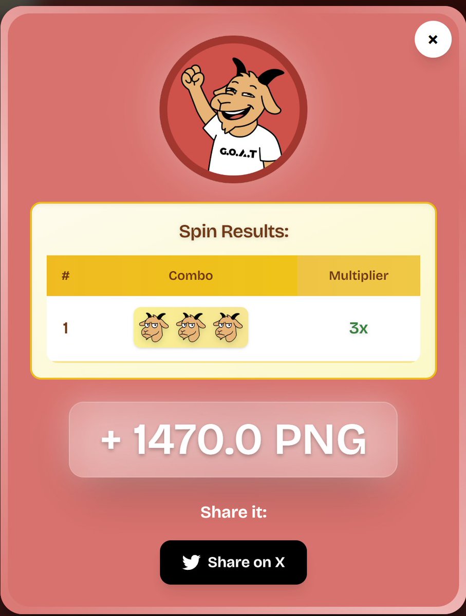 TonyRiggatoni's tweet image. Saturday morning spin
Trying out 1 spin vs my usual 10
If you hit on a 1 spin even a 3x on a max bet is a decent chunk.
Just won 1470 PNG on this Web3-powered slot machine at GOATsino! 🐐🎰💥
BAAA what a spin! 🧠
Try your luck…
