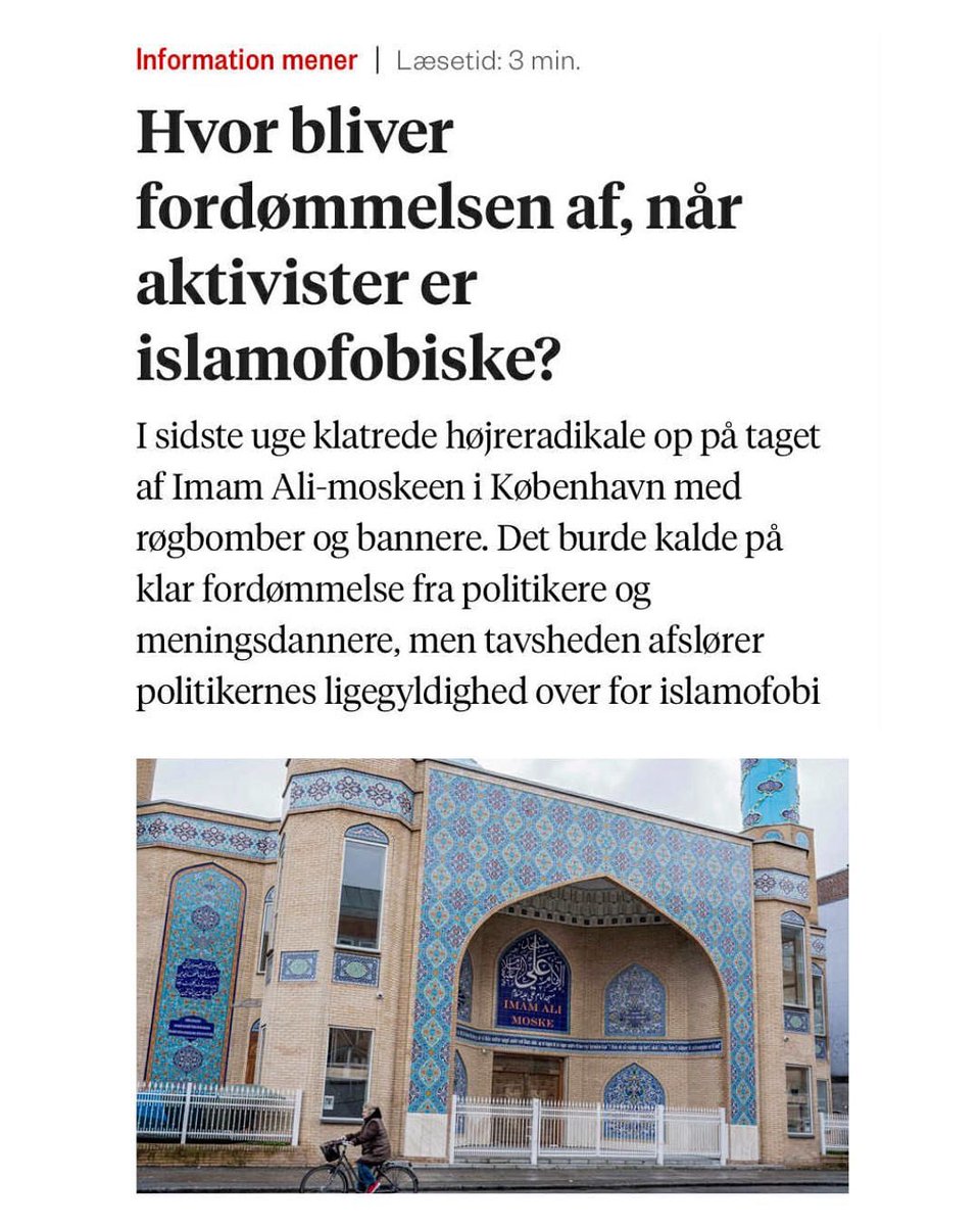 RajeshHolmen's tweet image. Det burde have affødt en øjeblikkelig og entydig fordømmelse fra politikere, meningsdannere og offentligheden, da højreradikale aktivister fra Generation Identitær indtog Imam Ali-moskeen i København. Men det gjorde det ikke. Og netop dét, er det største problem.

Når muslimer…