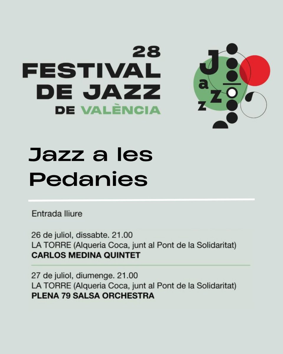 AjuntamentVLC's tweet image. 🎷Este cap de setmana acomiadem el #FestivalJazzValència amb “Jazz a les pedanies”!
🗓️Hui i demà concerts gratuïts a ⤵️
📍#laTorre-Alqueria Coca
A les ⏰ 21 h
🙌T'esperem!
ℹ️f.mtr.cool/kkepxvnzoa