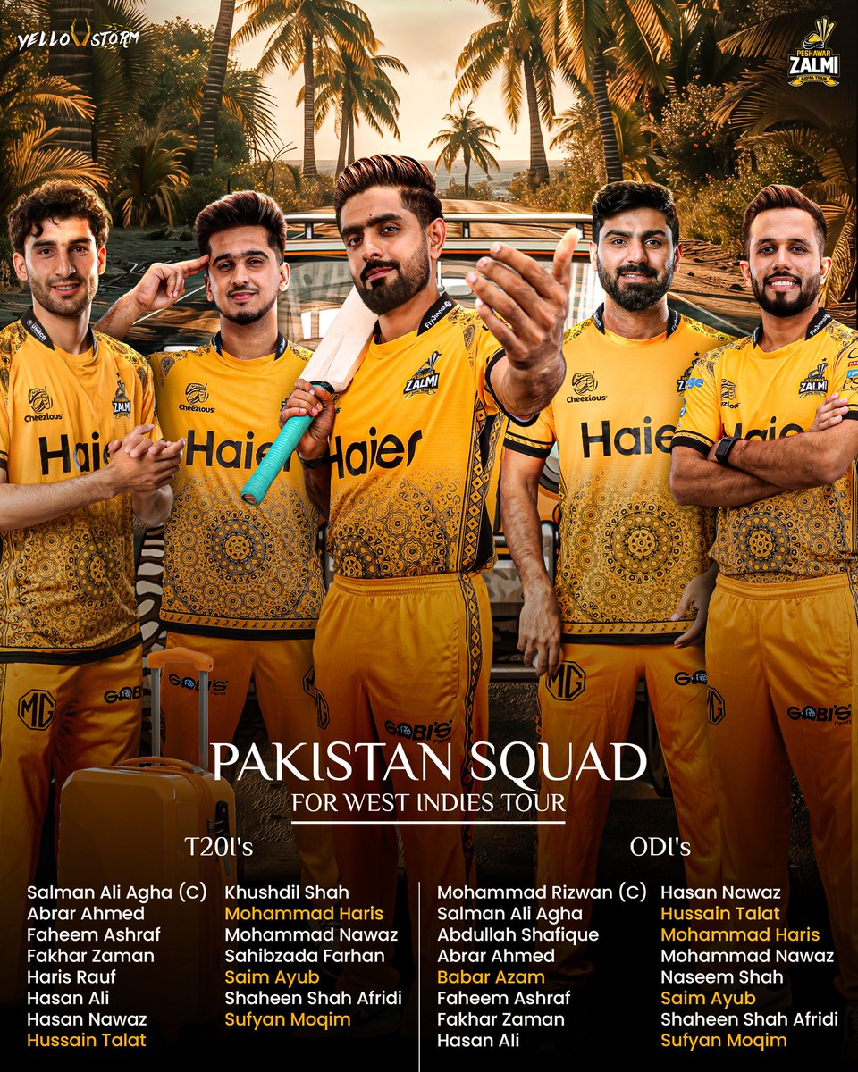 PeshawarZalmi's tweet image. Join us in wishing ๐๐๐ฌ๐ญ ๐จ๐ ๐๐ฎ๐๐ค to @TheRealPCB & Zalmi Stars @babarazam258 , @SaimAyub7 , @iamharis63 , @HussainTallat12 , and @SufiyanMuqeem_ for upcoming T20I's and ODI's Series against @windiescricket ๐
Make us proud ๐๐
#Zalmi #YellowStorm #WIvPAK