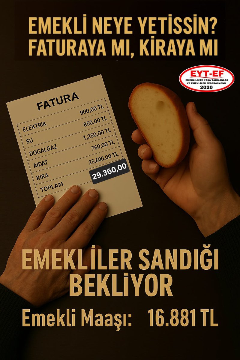 TAG
👇
#EmeklilerSandığıBekliyor

Ay başı gelince kirası kabus olan,
Faturalar gelince gece uykusu kaçan,
Ete, süte, peynire ulaşamayan,
Pazardan eli boş dönen,

Ancak ;

Hâlâ dimdik !
Ve mücadeleci #Emekliler
Sandığı bekliyor !

#5000KısmiSandığıBekliyor
<a href="/RTErdogan/">Recep Tayyip Erdoğan</a>
<a href="/isikhanvedat/">Prof. Dr. Vedat Işıkhan</a>