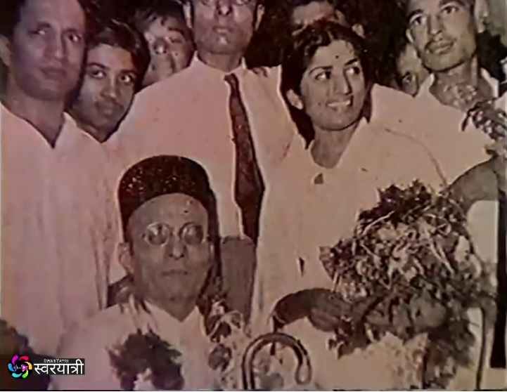 Her devotion towards her beloved "Tatya" forever.

Rare photograph in 1952 at the occasion of Inauguration of the film "Sureli" through the sacred hands of "Pitamah of Bharat". This was Lata Mangeshkar's debut as a producer.