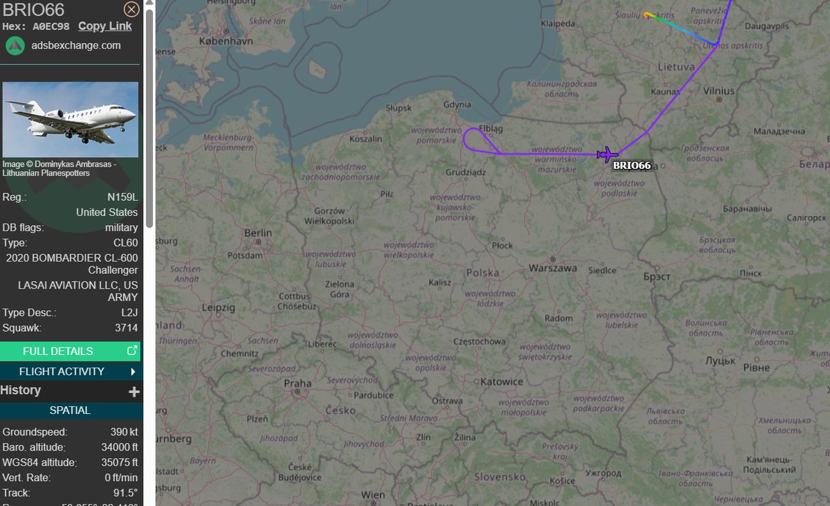 PolishMilRadar's tweet image. 📅26.07 09:02LT
Misję rozpoznawczą/zwiadowczą, operując wzdłuż Obwodu Królewieckiego, prowadzi #BRIO66 Bombardier Challenger 650 ARTEMIS "N159L" Lasai Aviation LLC 🇺🇸(kontraktor Armii USA), który wystartował z bazy w Szawlach 🇱🇹globe.adsbexchange.com/?icao=a0ec98
#POLMILRADAR