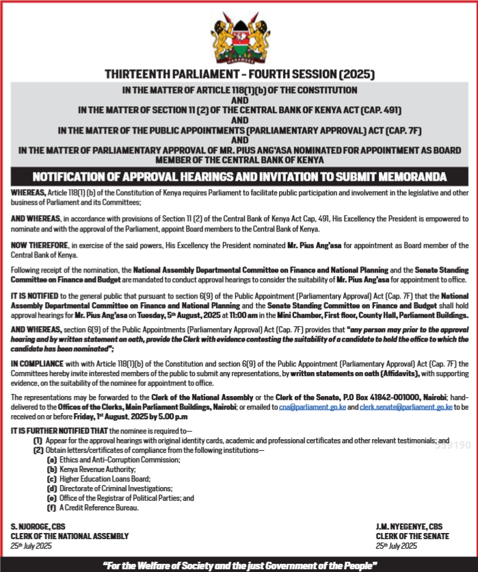 MzalendoWatch's tweet image. The @SenCommitteeKE and @NACommitteeKE on Finance invite the public to submit sworn written statements on the suitability of Mr. Pius Ang'asa for appointment to the Central Bank of Kenya Board.
Memoranda to be forwarded to Clerk of the National Assembly or the Clerk of the…