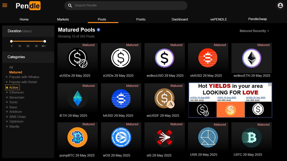 LokieGLD's tweet image. Buying matured YT daily on @pendle_fi
Was looking into some matured pools to ape in last night, and noticed $SUSDE and $USDS. One has points + yields, other only points.
As we know when YT's are closest to maturity, they are cheaper, and yields tons of points. But only one…