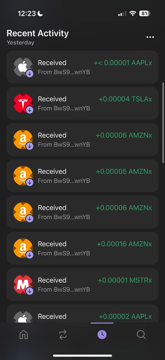 NevalackRSX's tweet image. Wow, is this normal for just one days worth of holding #401k $401k @401kusingsolana I can see why the chart has been so bullish when holders like me are collecting so many #xStocks @xStocksFi
