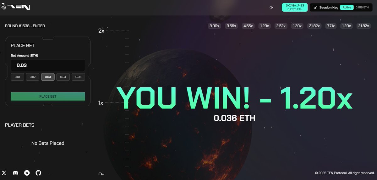 sharkson12's tweet image. TEN X just dropped 🚀

It’s the crash game built on encrypted logic.
No MEV, no manipulation, just pure chaos &amp;amp; fun!

💥 Test your reflexes
🎯 Share your score
🔥 Tag @tenprotocol

Play here: tenx.ten.xyz

#TENcrypted #TheFinalNetwork #GameFi #Web3 #TENProtocol #ETH