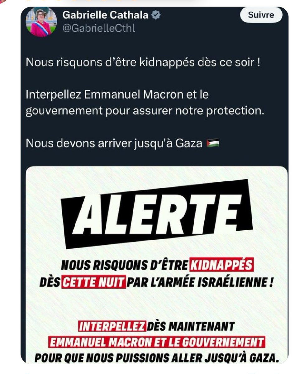 gauchecaca's tweet image. Nous avons des nouvelles du rafiot censé ouvrir la route de la farine vers Gaza.
C'est ainsi que nous venons d'apprendre que la députée LFI Gabrielle Cathala a envoyé un SOS car risquant d'être kidnappée par des pirates...non pardon par Israël.
Définitivement, le gag est énorme.…