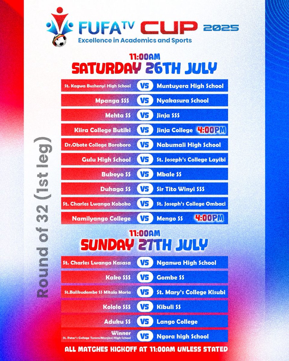 OfficialFUFA's tweet image. It is matchday in the @FUFATVCup
The first leg of the round of 32 starts today.
#FUFATvCup2025 | #ExcellenceInAcademicsAndSports