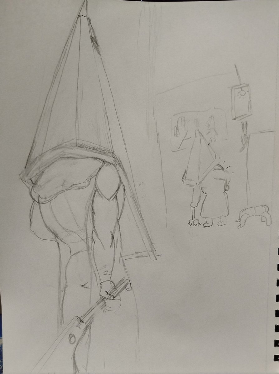 Ghoyareda's tweet image. Modified my sketch from the other day, I need to make a habit of picking up the pen everyday, but it's hard. Anyways, I accentuated Pyramid's scoliosis and made a little drawing with him as an old man.