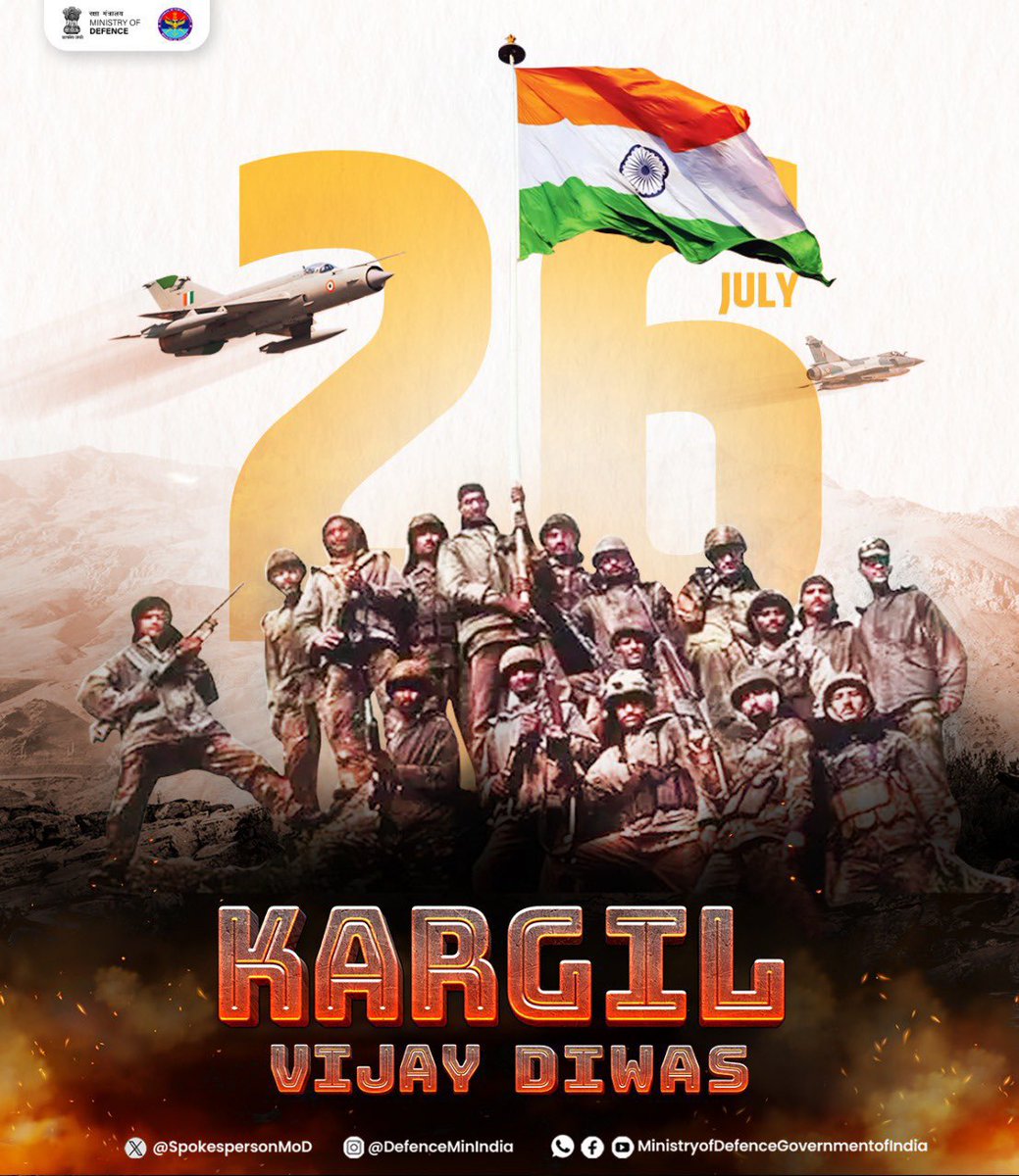 कारगिल की बर्फीली चोटियों पर जब दुश्मन ने नजर उठाई, तब मां भारती के वीरों ने अपने शौर्य से उन्हें मिट्टी में मिला दिया। विषम परिस्थितियों में भी भारत के रणबांकुरों ने विजय पताका लहरायी। कारगिल विजय दिवस पर उनके अदम्य साहस, अतुलित बल और शौर्य को सलाम। जय हिन्द।🇮🇳 #KargilVijayDiwas