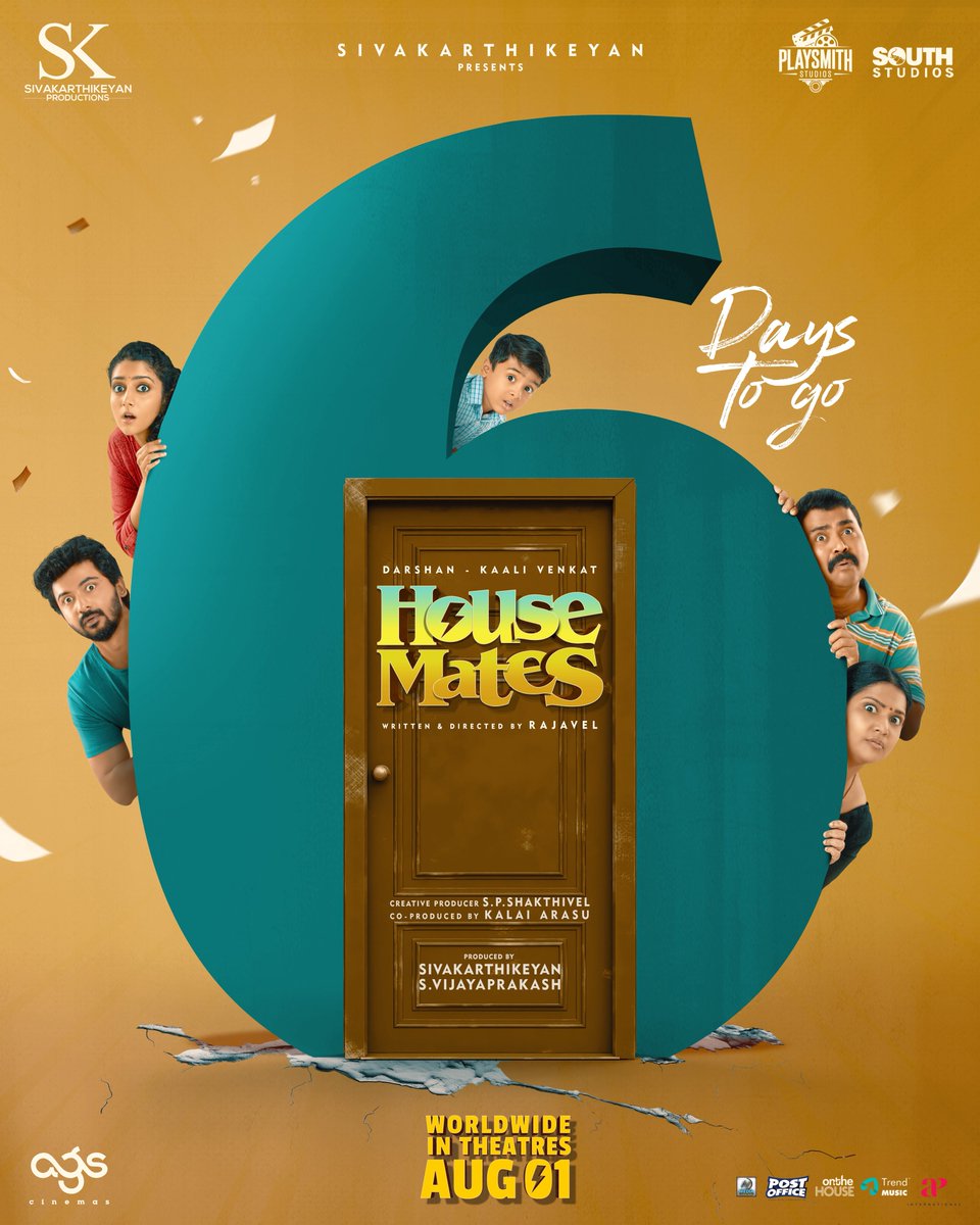 SKProdOffl's tweet image. 🎬 We’re all set for a roller coaster of comedy and chaos with our #HouseMates!
Just 6 days to go - in theatres from August 1! 

#HouseMatesFromAug1 

@Siva_Kartikeyan @KalaiArasu_ @archanakalpathi @aishkalpathi @agscinemas @rajvel_hbk @Darshan_Offl @kaaliactor #ArshaBaiju…