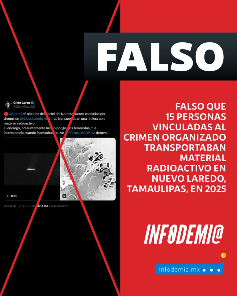 infodemiaMex's tweet image. ❌Falso que 15 personas vinculadas al crimen organizado transportaban material radioactivo en Nuevo Laredo, Tamaulipas, en 2025
✅Las imagenes que circulan en redes sociales en el que supuestamente drones capturan a un grupo de personas transportando material radioactivo…