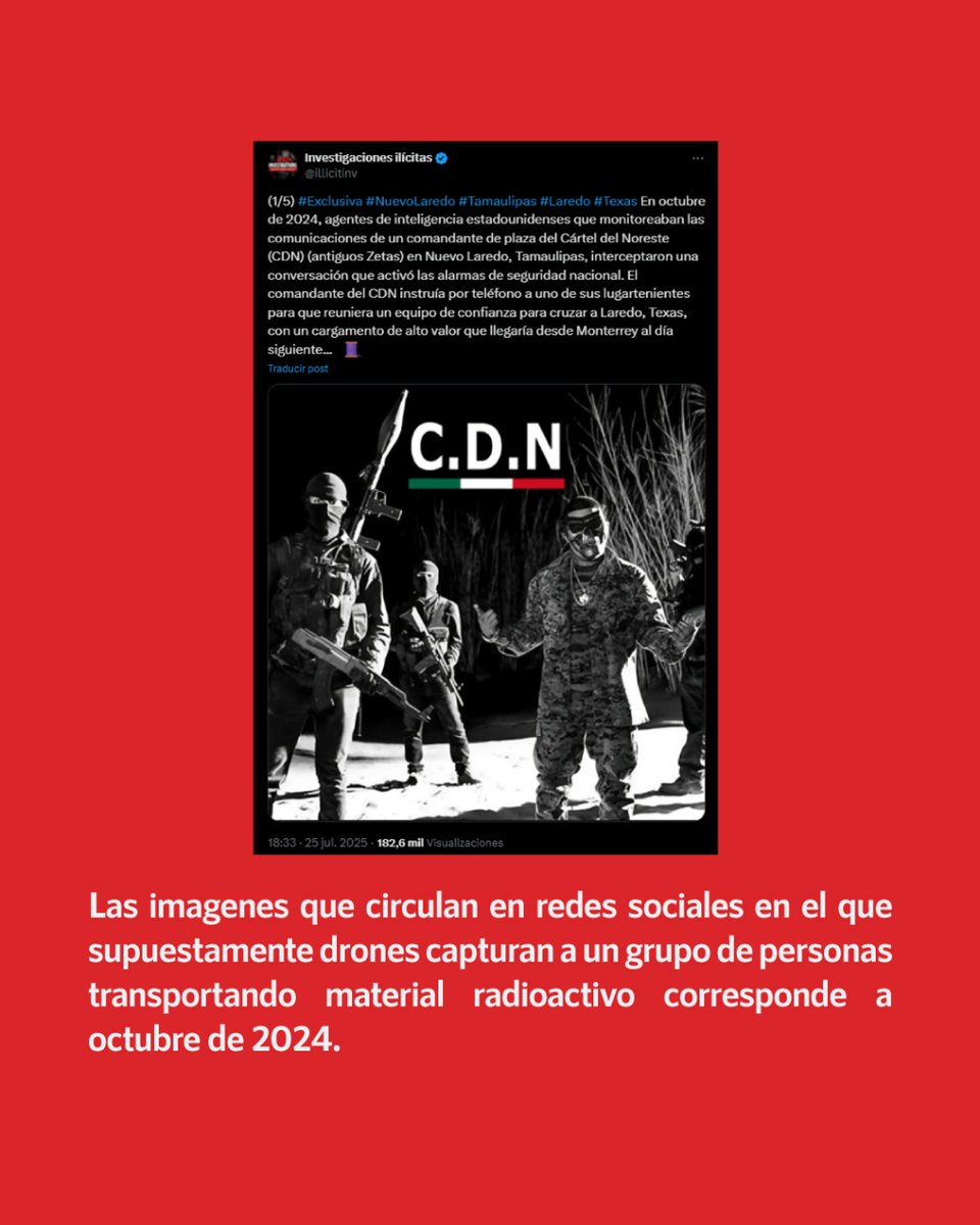 infodemiaMex's tweet image. ❌Falso que 15 personas vinculadas al crimen organizado transportaban material radioactivo en Nuevo Laredo, Tamaulipas, en 2025
✅Las imagenes que circulan en redes sociales en el que supuestamente drones capturan a un grupo de personas transportando material radioactivo…