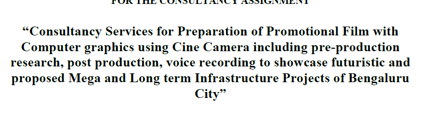 IndexKarnataka's tweet image. Three to Four minutes promotional film to showcase futuristic and proposed #Mega &amp;amp; #Long term infrastructure projects of #Bengaluru 

Est Cost: 85Lakhs 

@DKShivakumar