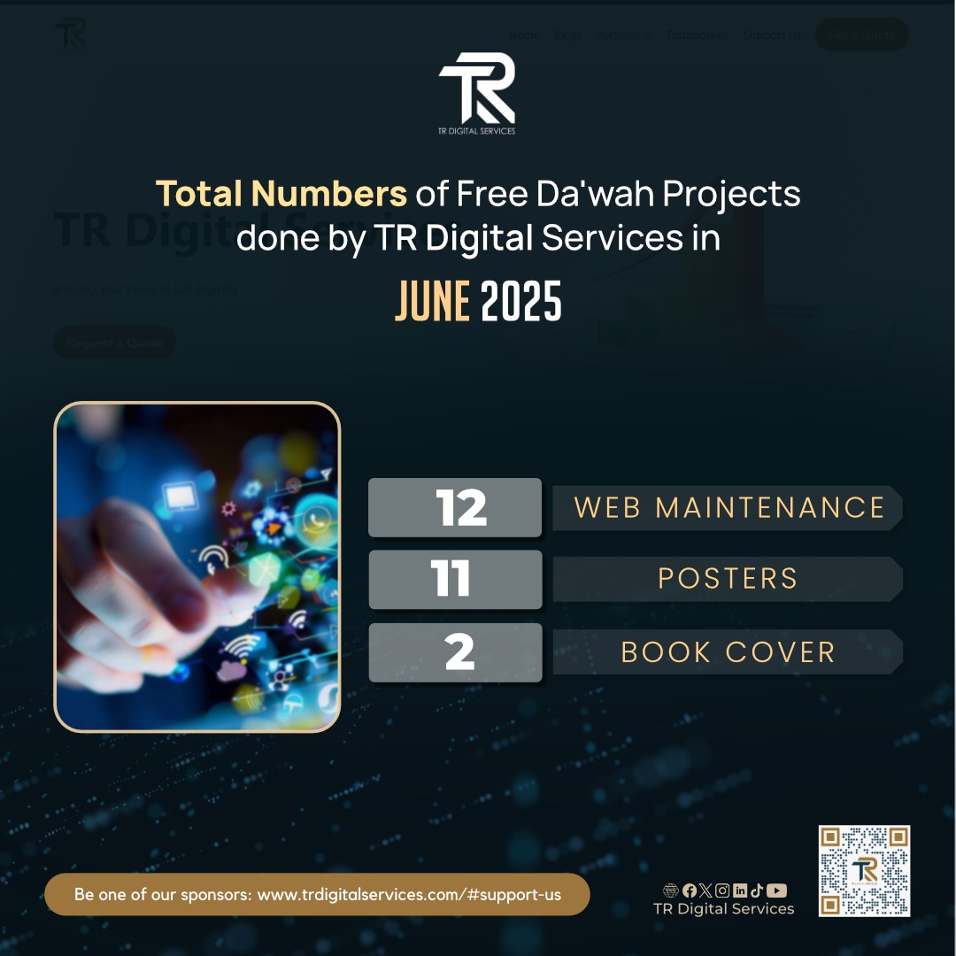 TRDigitalSrvcs's tweet image. In June 2025, we completed:
💻 12 Free Web Maintenance Projects
🖼 11 Posters
📘 2 Book Covers
— 🎁 All free for daʿwah-based efforts.

💡 Want to sponsor a project and share the reward?

👉Sponsor a project &amp;amp; support our work:
🔗trdigitalservices.com/#support-us

#DawahDesign