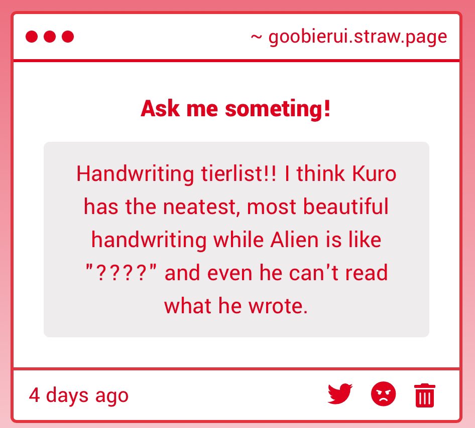 goobirerui's tweet image. please.. let poor poor rui mod out of teir list basementโฆ please i havent seen my family in weeksโฆ anyways i think agent would have some of the best handwriting out of the ruisโฆ he could be super fast with it too! and i dont think aliens is THAT badโฆ HE can at least read it!
