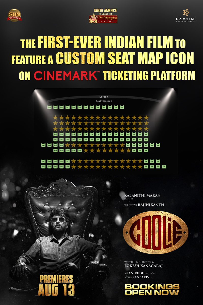 PrathyangiraUS's tweet image. #Coolie becomes the First-Ever Indian Film to feature a Custom Seat Map Icon ⭐️ on @Cinemark’s ticketing platform🔥
Experience the swag of Superstar @rajinikanth like never before – right from the seat map to the silver screen🤩❤️🔥
🎟️ Bookings Open Now
🎬 Premieres AUG 13th…