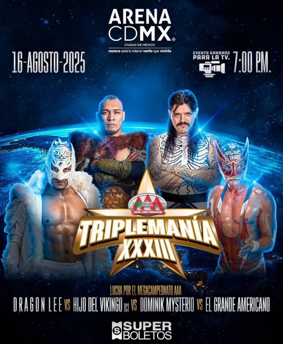 RhodesKotaEra's tweet image. BREAKING: Dragon Lee VS Dominik Mysterio VS El Grande Americano VS Vikingo for the AAA Mega Championship has been announced for TripleMania on August 16th.
WOW π€―