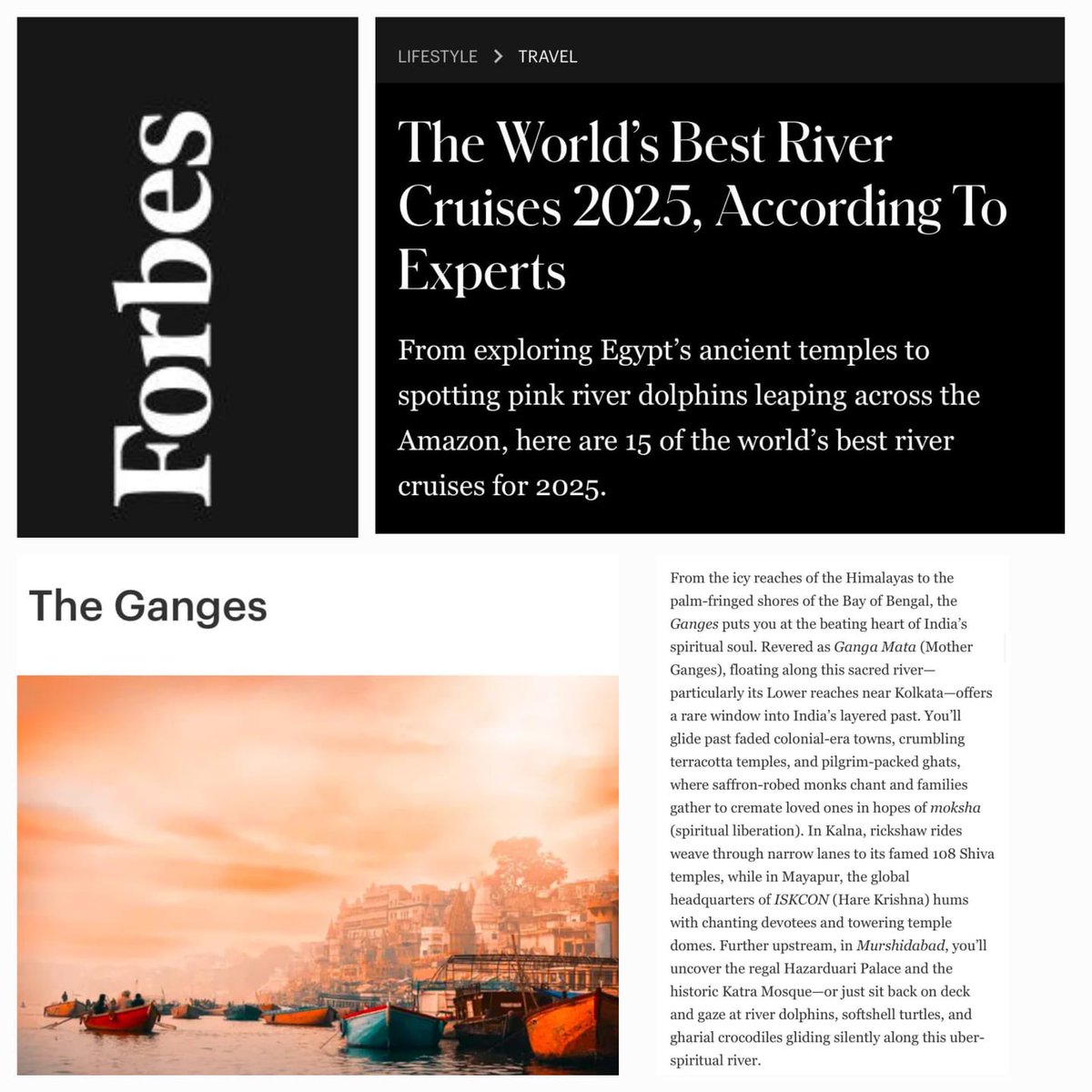 IWAI_ShipMin's tweet image. River Ganga features in the World’s Best River Cruises 2025! Experts at rivercruising.co.uk list the world’s best river cruises—spanning storybook rivers of Europe, spiritual arteries of Asia & soulful currents of Mississippi, writes Forbes magazine - forbes.com/sites/lewisnun…
