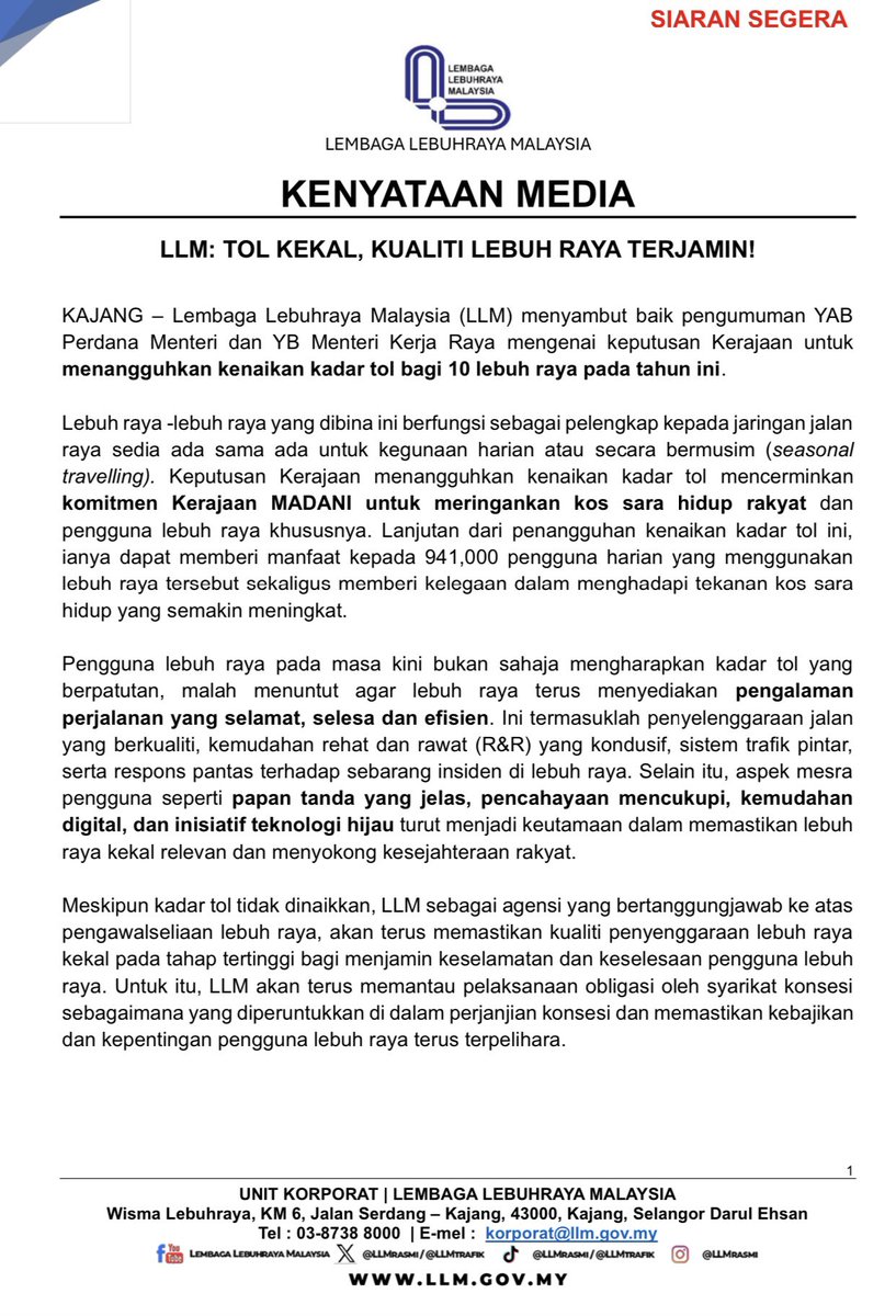 LLMrasmi's tweet image. KENYATAAN MEDIA - 26 JULAI 2025
LLM : TOL KEKAL, KUALITI LEBUH RAYA TERJAMIN!
#LLMPrihatin
#TolKekal
#RakyatDidahulukan
#infrastrukturBerkualiti
#RancakkanMADANI
#MADANIBekerja
#MalaysiaMadani