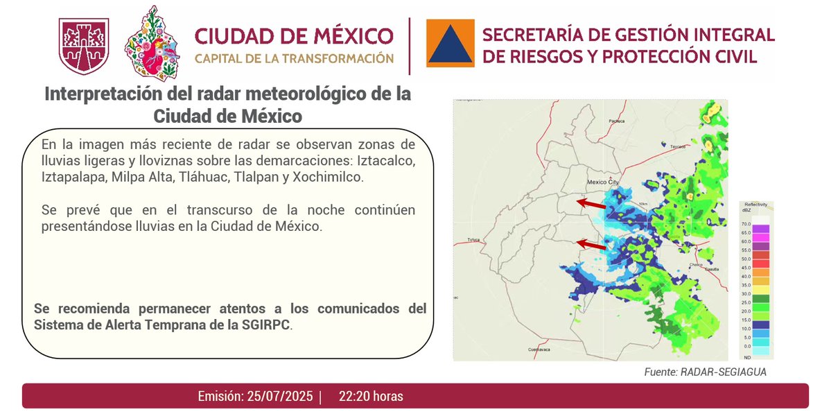 SGIRPC_CDMX's tweet image. Se observan zonas de lluvias ligeras y lloviznas en: @IztacalcoAl, @Alc_Iztapalapa, @GobMilpaAlta, @TlahuacRenace, @TlalpanAl y @XochimilcoAl. Mantente informado. #PronósticoDelTiempo #LaPrevenciónEsNuestraFuerza #Tlaloque #OperativoLluvias2025