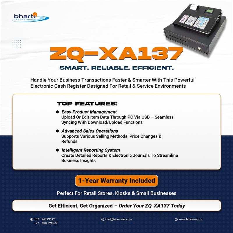 bhartitec's tweet image. Simplify Your Business Operations with ZQ-XA137!

The ZQ-XA137 Electronic #CashRegister is built for retail stores, kiosks &amp;amp; small businesses that want speed, accuracy &amp;amp; seamless sales management.

#RetailSolutions #SmartPOS #BusinessTools #BhartiTechnologies #POSSystem