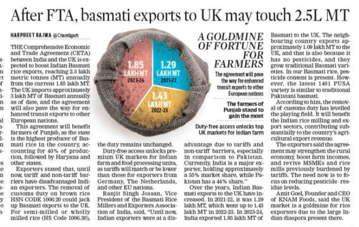 EXCLUSIVE STORY: The India-UK #Comprehensive Economic and Trade Agreement (CETA) is expected to boost the Indian #Basmati rice exports, reaching 2.5 lakh MT annually from 1.85 lakh MT, UK approximately imports 3 lakh MT basmati annually as per date