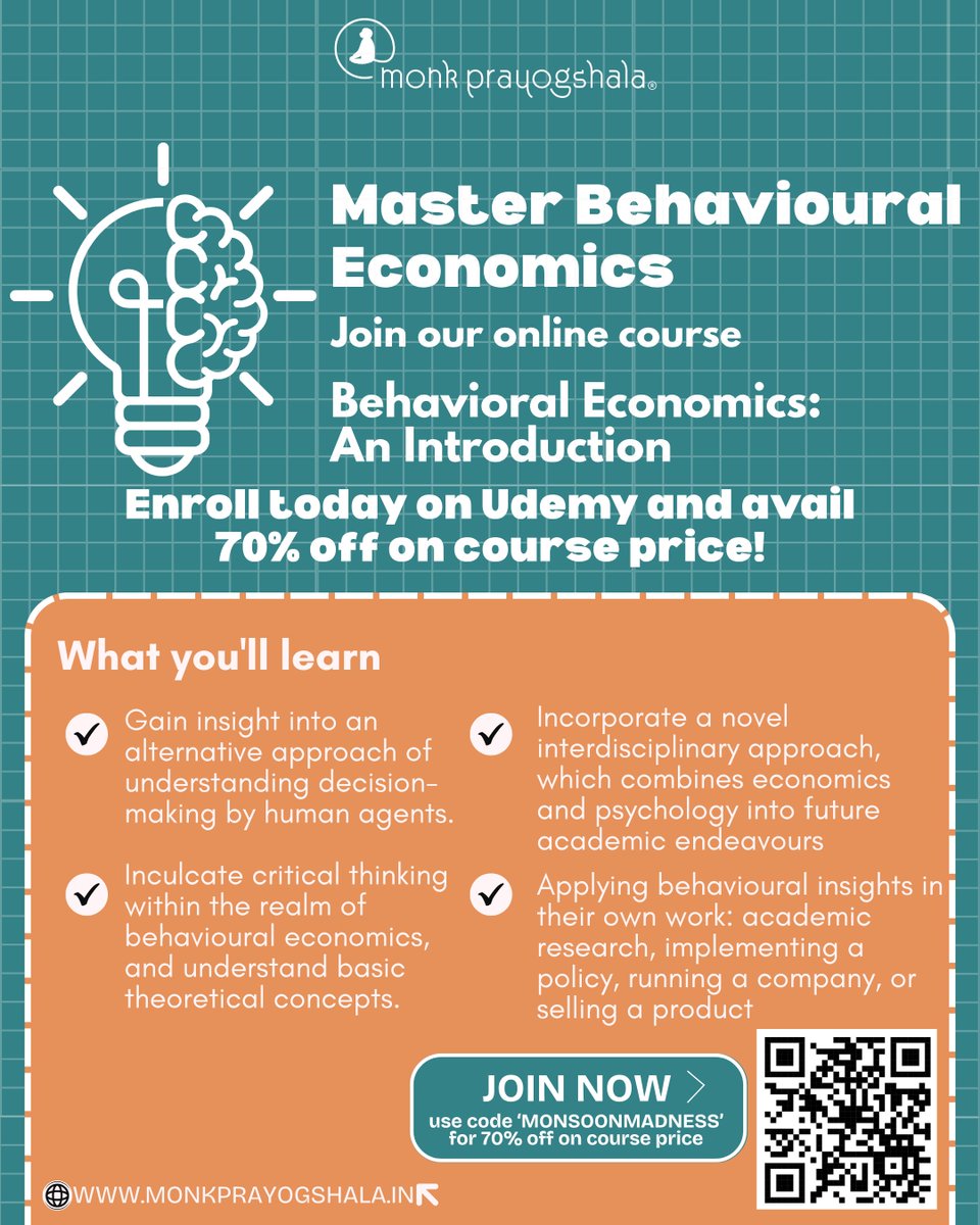 monkprayogshala's tweet image. 💡Why do people make the choices they do?
Join Behavioral Economics: An Introduction on Udemy and rethink decision-making like never before.
🏫 Enroll today: Scan QR or visit buff.ly/PrMJgHq
💸 Use code ‘MONSOONMADNESS’ for up to 70% off on the course price!