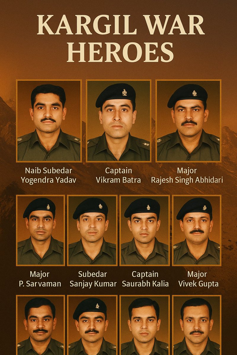 Kargil Heroes – India’s Immortal Warriors
🇮🇳 थ्रेड: कारगिल के अमर वीर योद्धा
On July 26, 1999, India achieved victory in Operation Vijay. But it was paid for by extraordinary bravery and ultimate sacrifice.
Let’s remember 10 heroes whose names are etched in gold. 👇#kargil