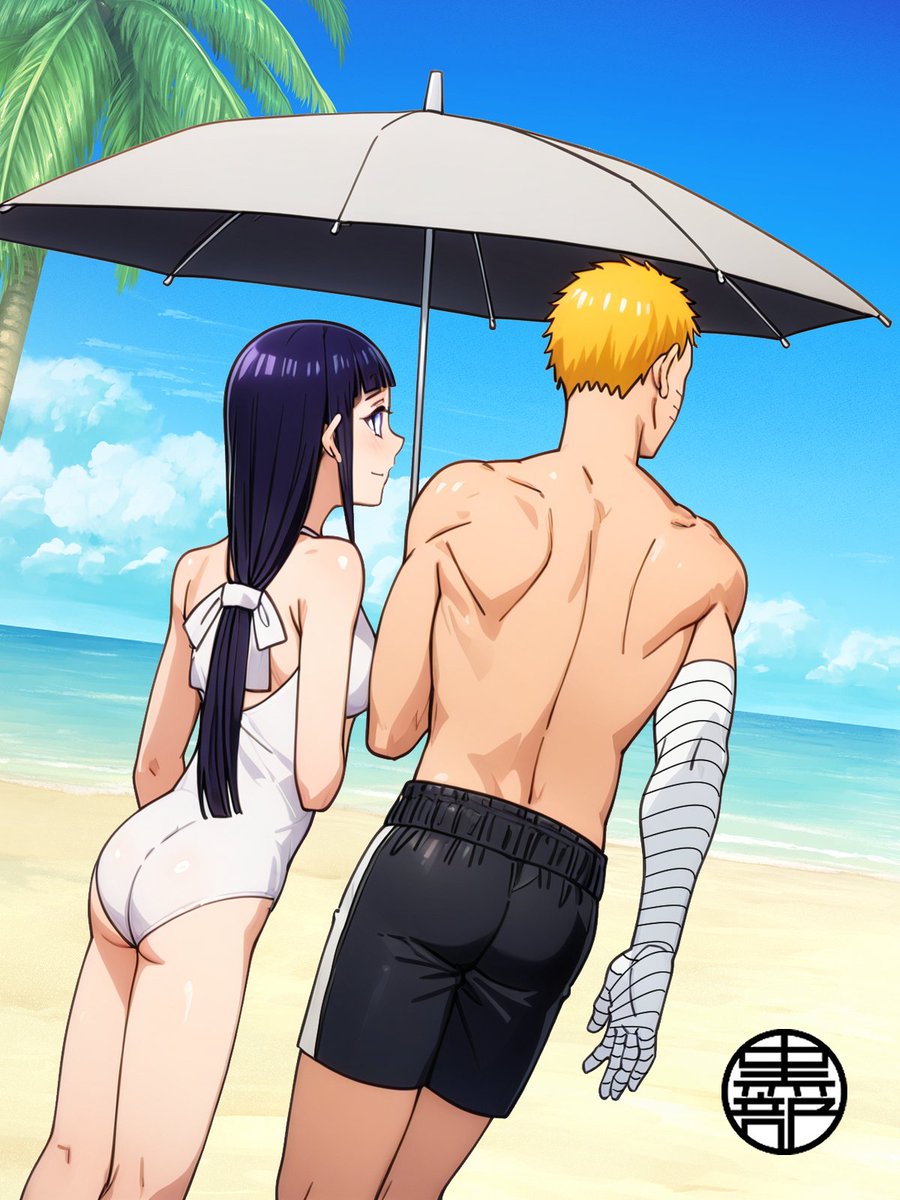 kurobe0012's tweet image. ビーチで相合日傘をする『ナルト』と『ヒナタ』です。幼い『ボルト』と『ヒマワリ』が遊んでる姿を二人で見守っています。#naruhina #hinata