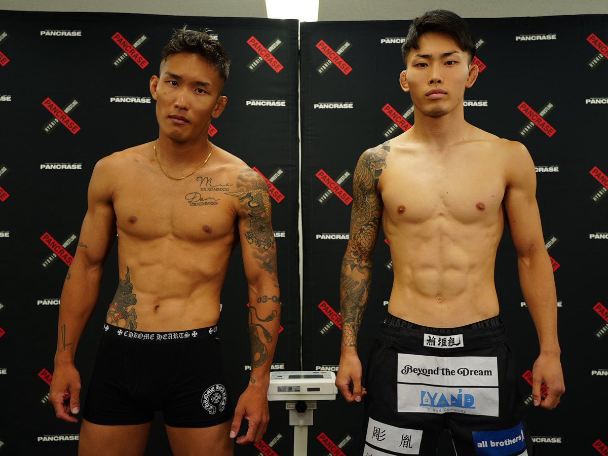 _PANCRASE_'s tweet image. ❌PANCRASE355❌
📣計量結果⚖️
第10試合 フェザー級5分3R
🟥木下尚祐 65.7kg
🟦敢流 66.1kg
#pancrase355
🗓️7月27日(日)
🏟️立川ステージガーデン
▶️U-NEXTでLIVE中継